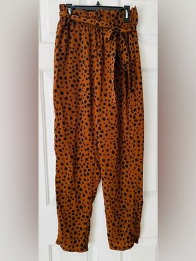SHEIN Rust Orange Black Dotted Pants with Tie Waist